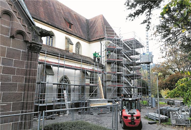 Die Flanke der Stadtkirche aufseiten der Walterichskapelle (links) ist nun eingerüstet. Da die Sanierung von Dach, Dachstuhl und Fassade schrittweise erfolgt, wird das Gerüst ebenso in Zeitabschnitten weiterwandern. Foto: J. Fiedler