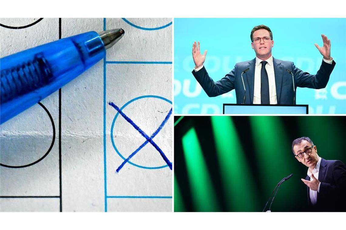 Die größten Chancen, den amtierenden Ministerpräsidenten Kretschmann zu beerben, haben Cem Özdemir (unten) von den Grünen und Manuel Hagel (oben) von der CDU.