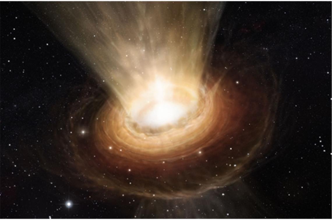 Die Illustration zeigt die Umgebung des supermassereichen Schwarzen Lochs im Herzen der aktiven Galaxie NGC 3783 im südlichen Sternbild Centaurus.