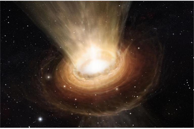 Die Illustration zeigt die Umgebung des supermassereichen Schwarzen Lochs im Herzen der aktiven Galaxie NGC 3783 im südlichen Sternbild Centaurus.