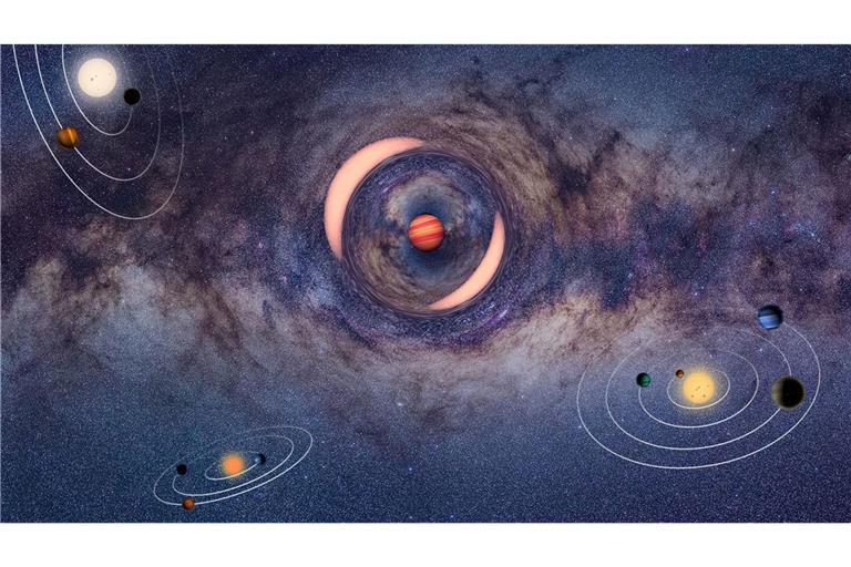 Die Illustration zeigt einen frei schwebenden Planeten, der das Licht eines dahinter liegenden Sterns ablenkt - ähnlich wie bei einem Brennglas.