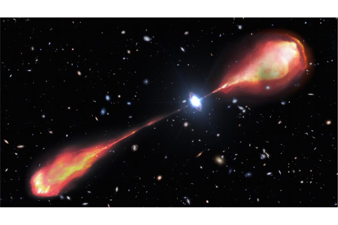 Größter Radio-Jet im frühen Universum entdeckt Die Illustration zeigt, wie der neu entdeckte Radiojet aus dem frühen Kosmos von Nahem aussehen könnte. Der paarige Ausstrom könnte mehr als 200.000 Lichtjahre lang sein.