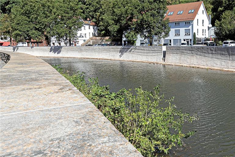 Die jüngste Baumaßnahme zum Schutz der Innenstadt: Die Ufermauer zwischen dem Biegelwehr und der Sulzbacher Brücke. Sie wurde verstärkt und erhöht und mit einem Wellenrelief verziert. Foto: J. Fiedler