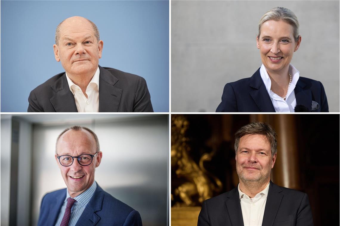 Scholz nennt Chialo "Hofnarr" - "nicht rassistisch" gemeint Die Kanzlerkandidaten der Parteien: Olaf Scholz (SPD), Alice Weidel (AfD), Friedrich Merz (Union) und Robert Habeck (Bündnis 90 / Die Grünen) (Archivbilder).