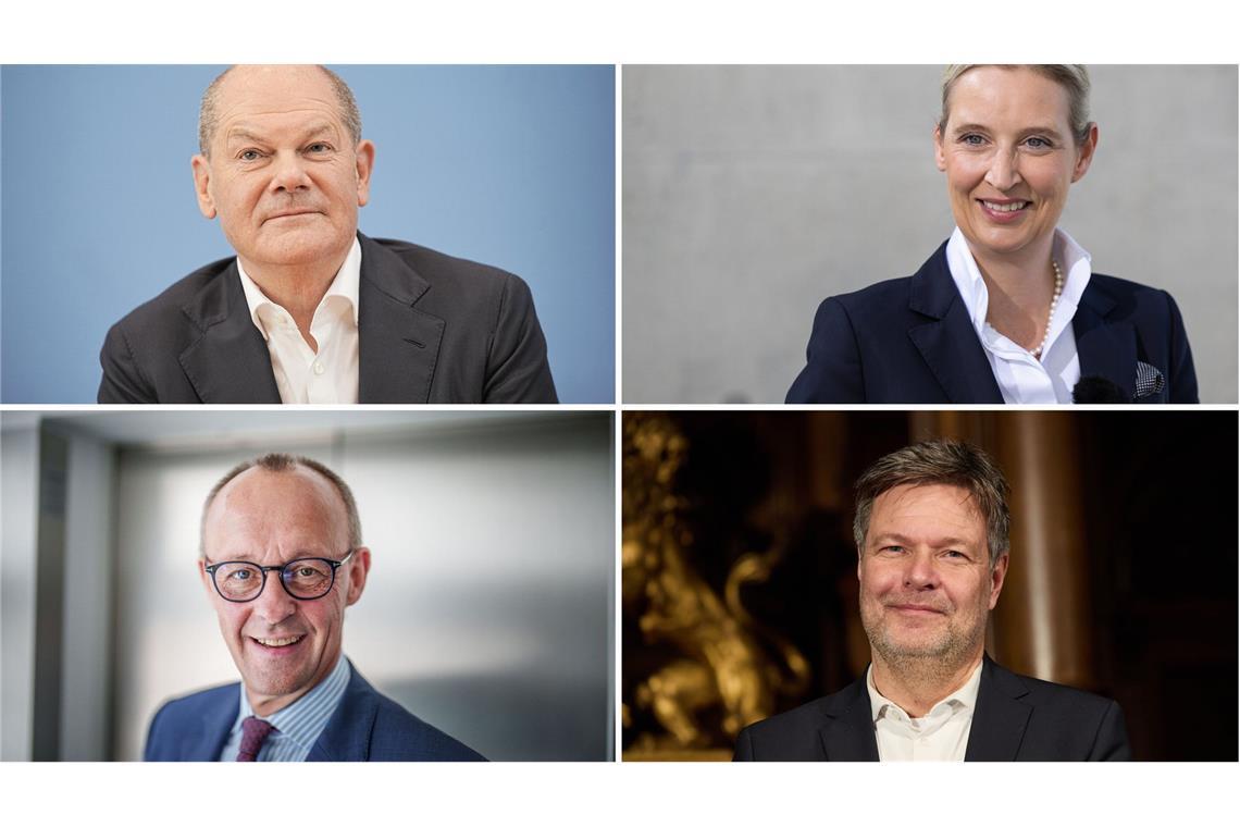 Weidel bereit für Duell mit Merz, wo die „Fetzen fliegen“ Die Kanzlerkandidaten von links oben im Uhrzeigersinn: Olaf Scholz, Alice Weidel, Robert Habeck und Friedrich Merz