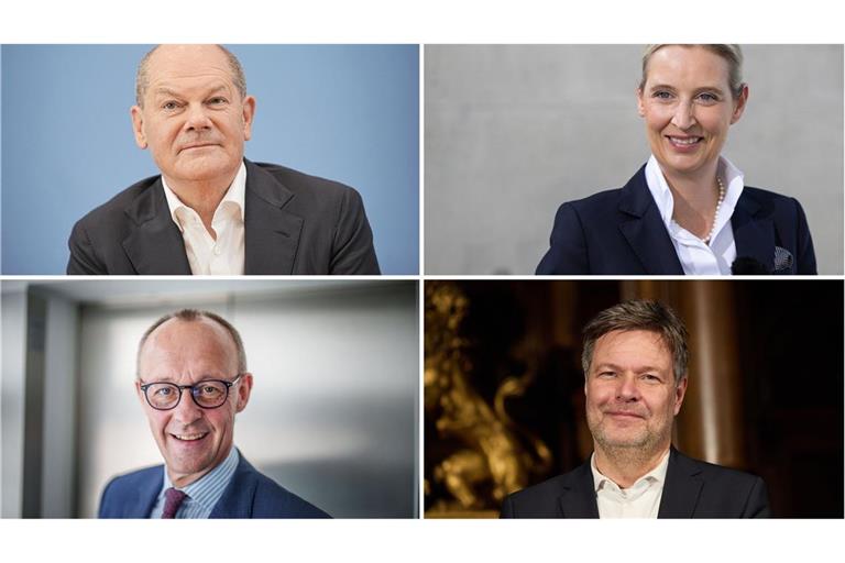 Die Kanzlerkandidaten von links oben im Uhrzeigersinn: Olaf Scholz, Alice Weidel, Robert Habeck und Friedrich Merz