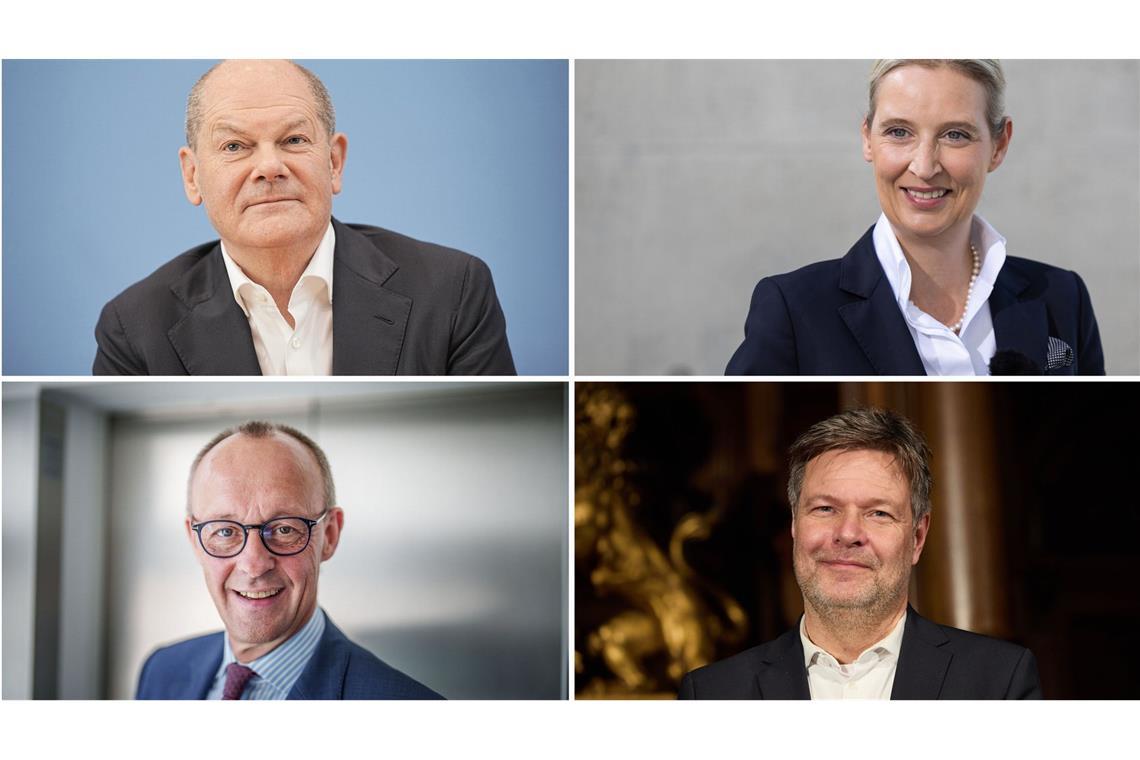 Viererrunde mit Scholz, Merz, Weidel und Habeck bei RTL Die Kanzlerkandidaten von links oben im Uhrzeigersinn: Olaf Scholz (SPD), Alice Weidel (AfD), Robert Habeck (Die Grünen) und Friedrich Merz (CDU)