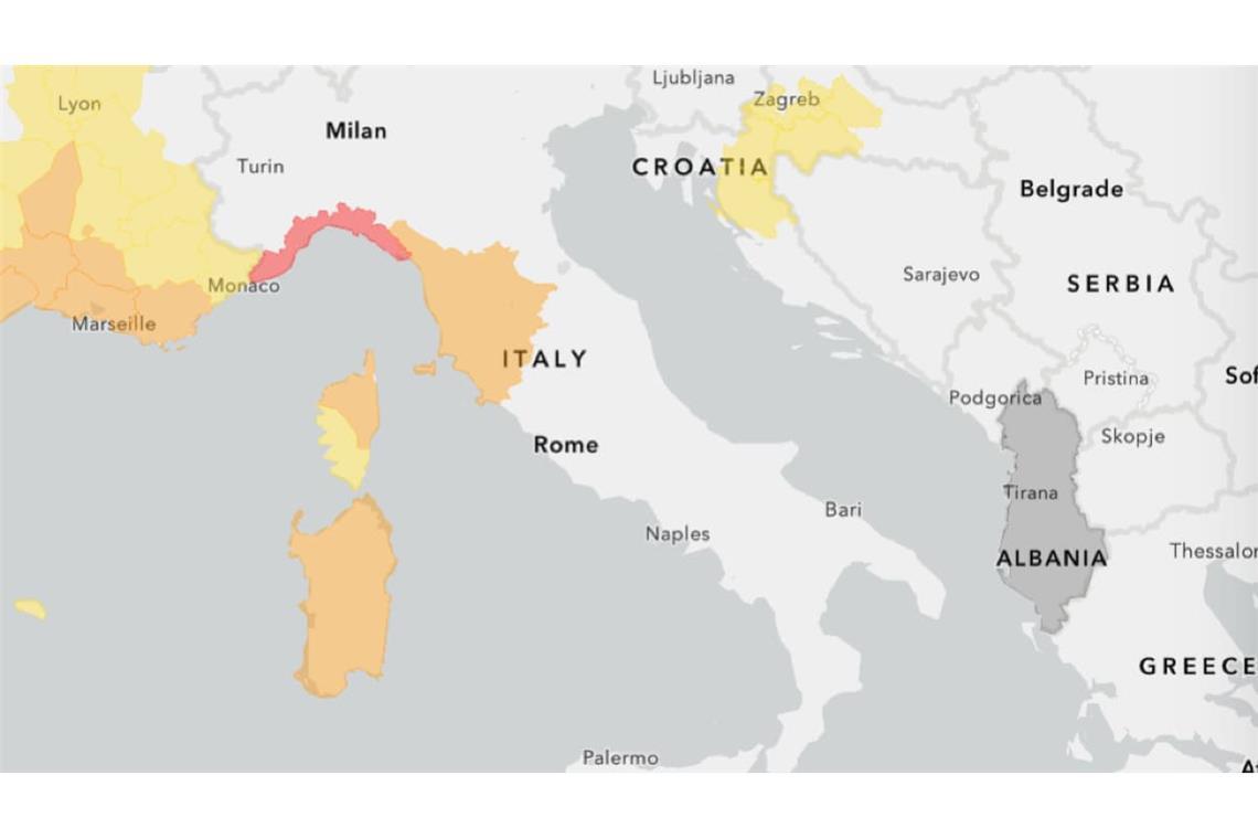 Die Karte zeigt, für welche Regionen Italiens Unwetterwarnungen gelten.