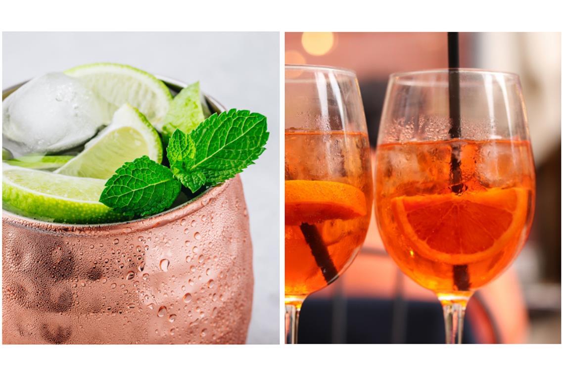 Mexican Mule & Glitter Spritz: Die Drinks der Kaulitz-Brüder Die Kaulitz-Brüder mixen sich einen Mexican Mule (l.) und einen Aperol Spritz mit Glitzer (r.) (Symbolbilder)