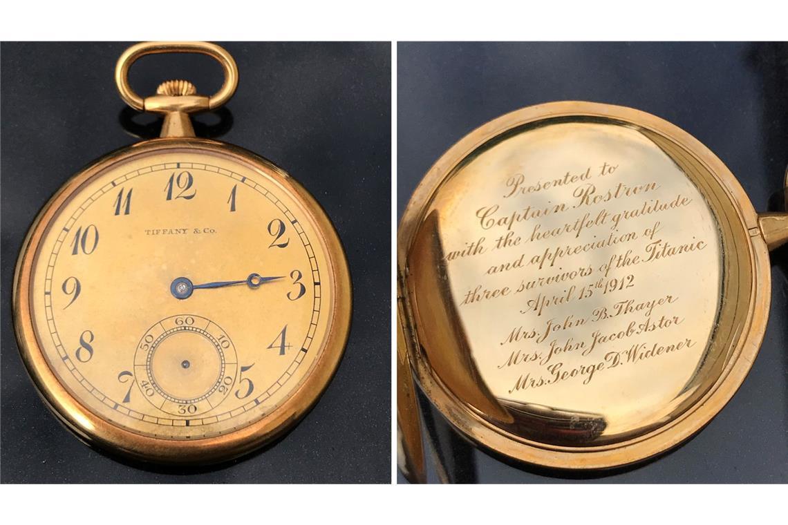 Rekordpreis für goldene Uhr von „Titanic“-Überlebenden Die Kombo zeigt zwei Fotos, herausgegeben vom Auktionshaus Henry Aldridge and Son, einer 18-karätigen goldenen Taschenuhr, die dem Kapitän des Schiffes „Carpathia“, das mehr als 700 überlebende Passagiere der Titanic rettete, als Zeichen der Dankbarkeit von drei Überlebenden überreicht wurde.