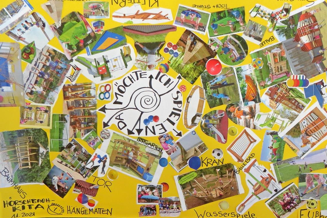 Klettergarten, Trampolin, Outdoorfitness Die Mädchen und Jungen vom Hörschbachkindergarten haben unter der Regie von Katja Döz eine große Collage gemacht, in der viele Ideen und Anregungen für den Spielplatz versammelt sind. Drittklässler von der Walterichschule haben mit ihrer Lehrerin Franziska Scheu ebenfalls Vorschläge eingereicht, um die Planungen zu begleiten. Fotos: C. Schick