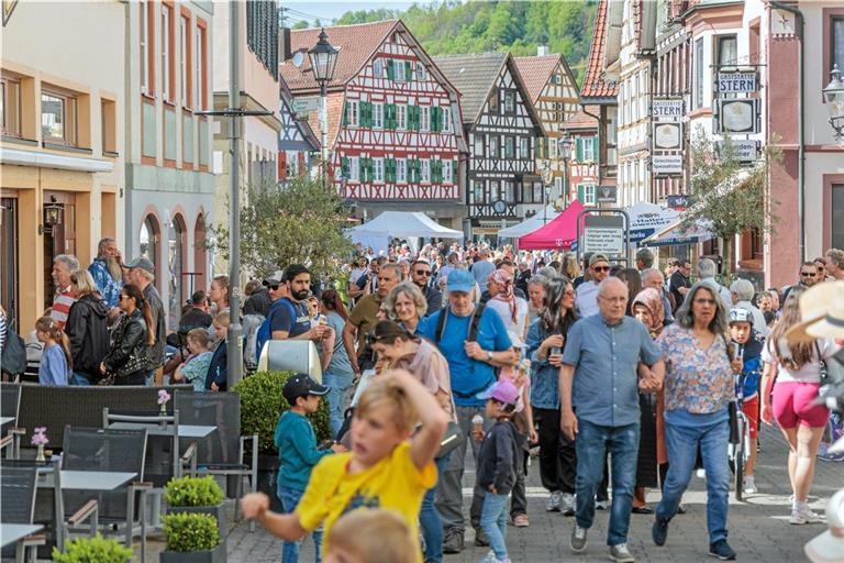 Die Murrhardter Innenstadt ist am Sonntag bei strahlendem Sonnenschein sehr gut gefüllt. Fotos: Stefan Bossow