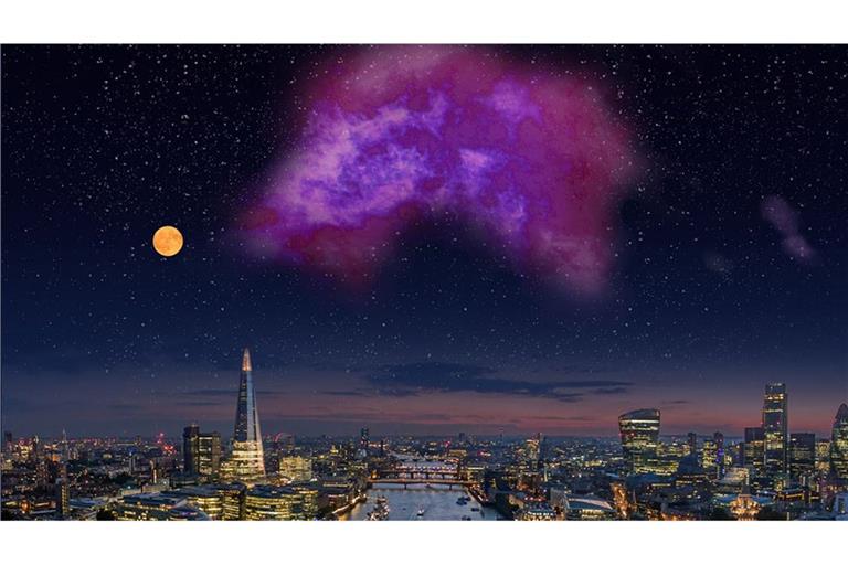 Die neu entdeckte „Eos“-Molekülwolke wäre am Himmel riesig, wenn sie mit bloßem Auge sichtbar wäre. Sie leuchtet aber nur im Fern-Ultraviolett.