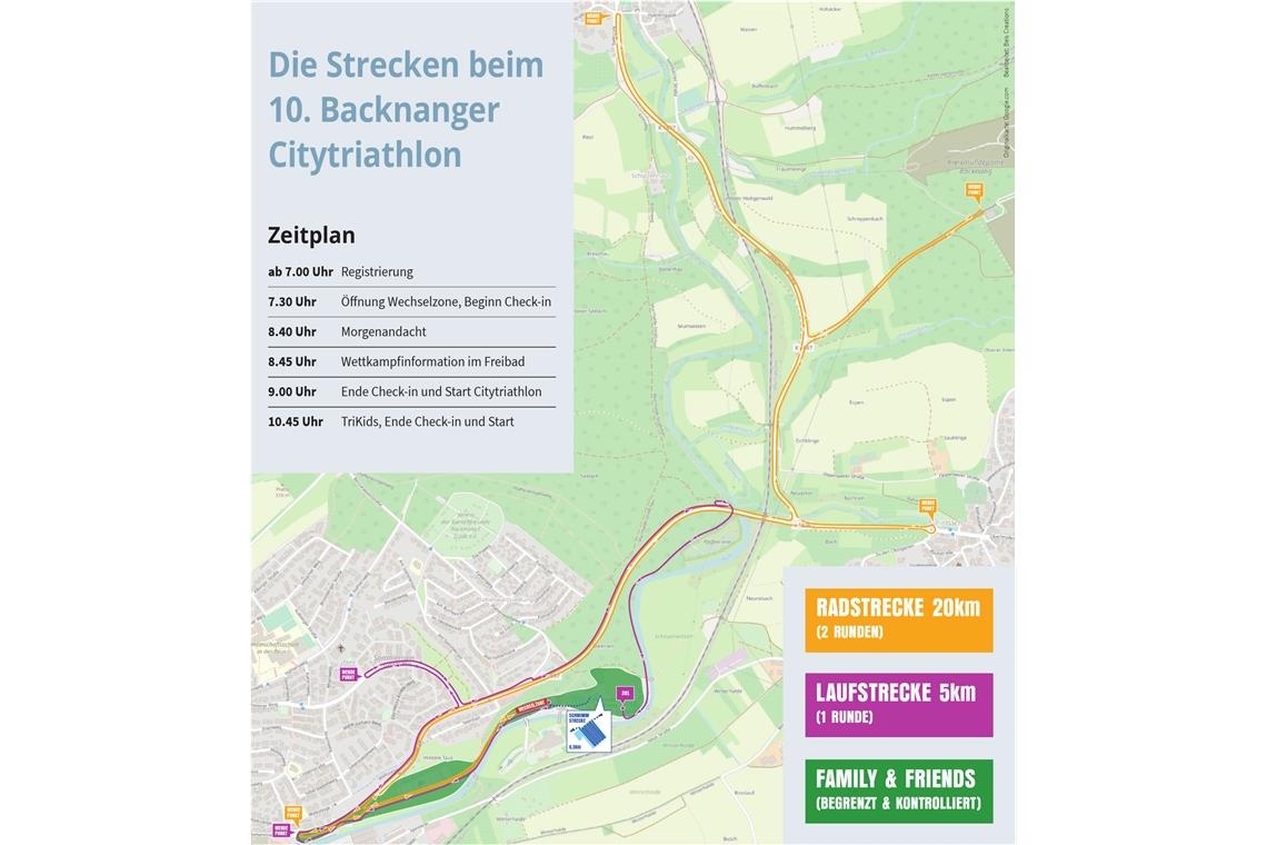 Freibad im Mittelpunkt des Citytriathlons Die neue Rad- und Laufstrecke führt vom Freibad aus in Richtung Plattenwald, Steinbach und Zell. Grafik: S. Horn/Beïs Creations