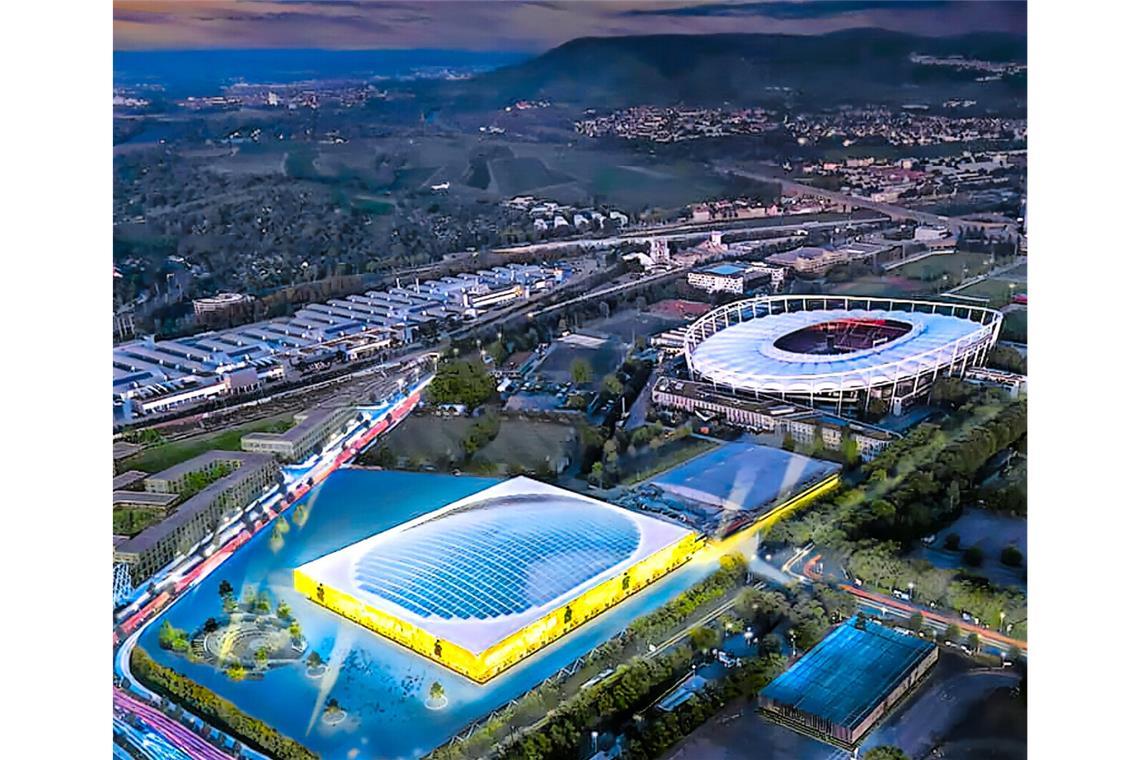 Die neue Stuttgarter Veranstaltungshalle – das Bild zeigt einen Testentwurf – soll die alte Schleyerhalle ersetzten und dabei deutlich größer werden als die Vorgängerin.