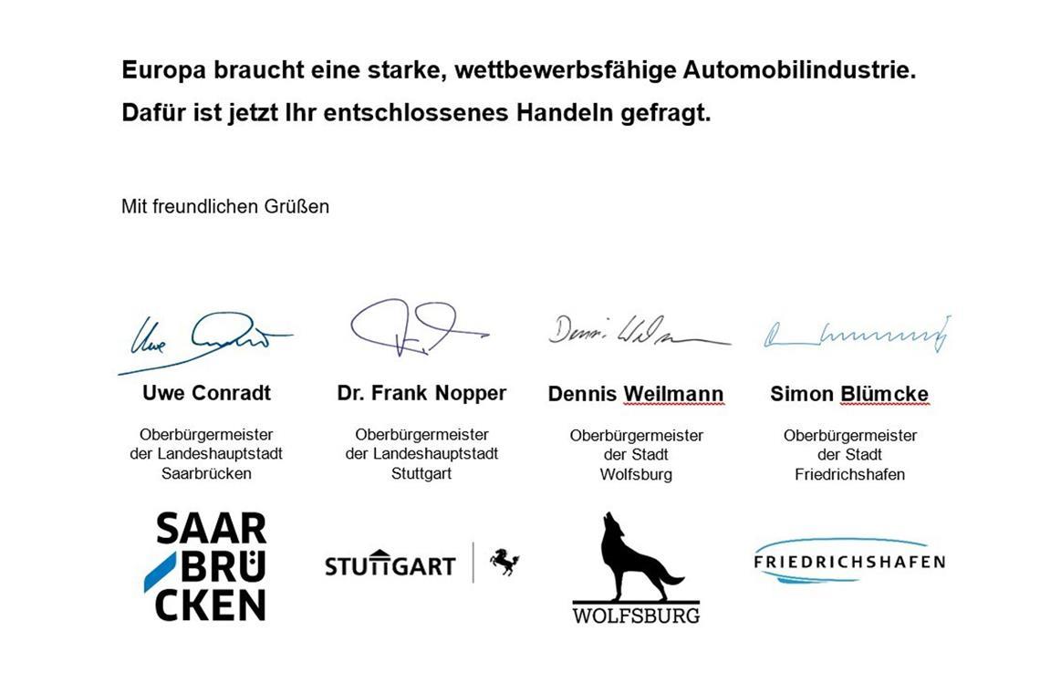 Stuttgarts Frank Nopper und andere OBs warnen vor Deindustrialisierung Die OBs von Saarbrücken, Stuttgart, Wolfsburg und Friedrichshafen haben den Appell an die EU unterzeichnet.