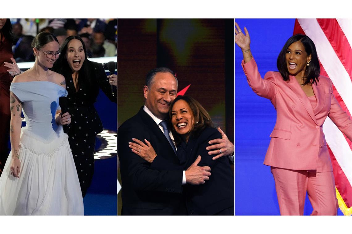 Kamala Harris privat – das ist die Familie, die ins Weiße Haus will Die Patchworkfamilie Harris-Emhoff: Kamala Harris und Doug Emhoff (Mitte), Emhoffs Tochter Ella (linkes Bild, in hellblau), Harris' Nichte Meena (in Dunkelblau) und ihre Schwester Maya (rechtes Foto).