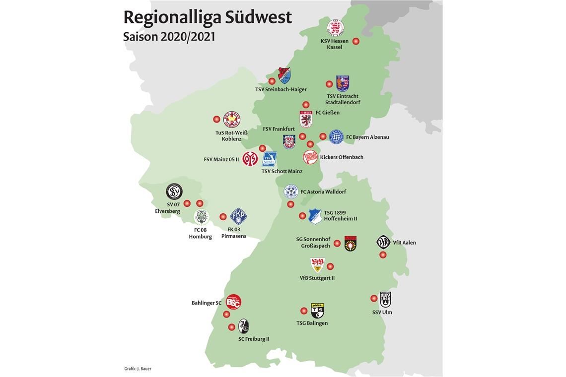 Die Regionalliga Südwest umfasst kommende Saison 22 Teams aus vier Bundesländern. Dabei sind Distanzen von fast 460 Kilometern zurückzulegen.