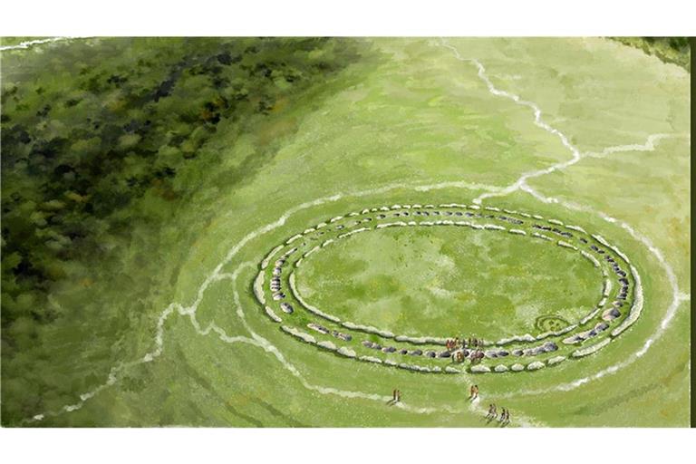Die Rekonstruktion zeigt die Kreisgrabenanlage von Flagstones in Südengland. Sie könnte das Vorbild für die Anfänge von Stonehenge gewesen sein.