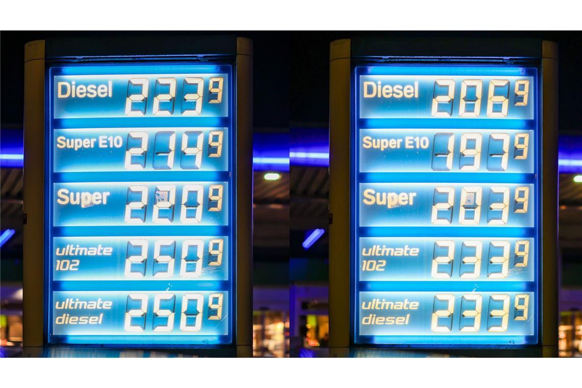 Die Spritpreise an einer Tankstelle in Flensburg vor Mitternacht (links) und am frühen Morgen des 1. Mai.