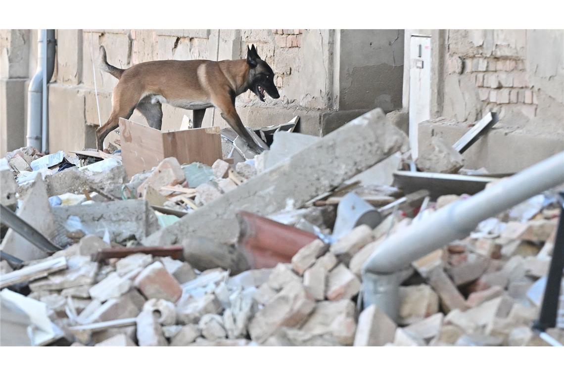 Acht Verletzte nach Explosion in Wohnhaus in Tschechien Die Trümmer wurden mit einem speziell ausgebildeten Spürhund durchsucht.