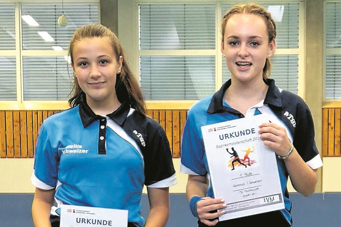 Evi Kamrad wird dreifache Bezirksmeisterin Die TVM-Sportlerinnen Mellis Schweizer (links) und Evi Kamrad haben bei der Tischtennis-Bezirksmeisterschaft in Murrhardt aufgetrumpft. Foto: privat