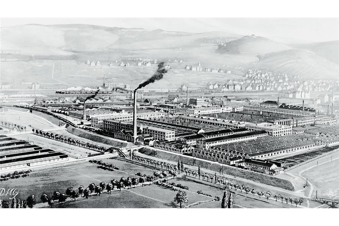 Warum Daimler-Benz fast Däumler-Benz geheißen hätte Die Umgebung der neuen Industrieansiedlung ist Anfang des 20. Jahrhunderts noch kaum bebaut.