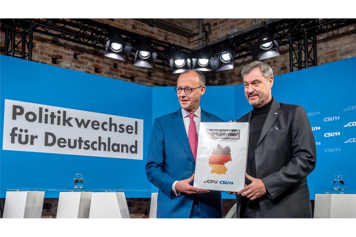 Auf in den Wahlkampf: Was wollen die Parteien? Die Union mit Kanzlerkandidat Friedrich Merz (l) wirbt für einen Politikwechsel nach der Wahl.