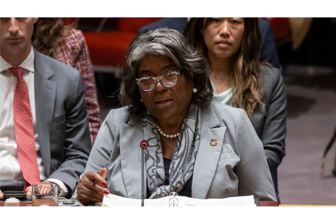 Zehn Zitate: Was die internationale Politik 2024 bewegte Die US-Botschafterin bei den Vereinten Nationen, Linda Thomas-Greenfield, spricht vor dem UN-Sicherheitsrat in New York. (Archivbild)