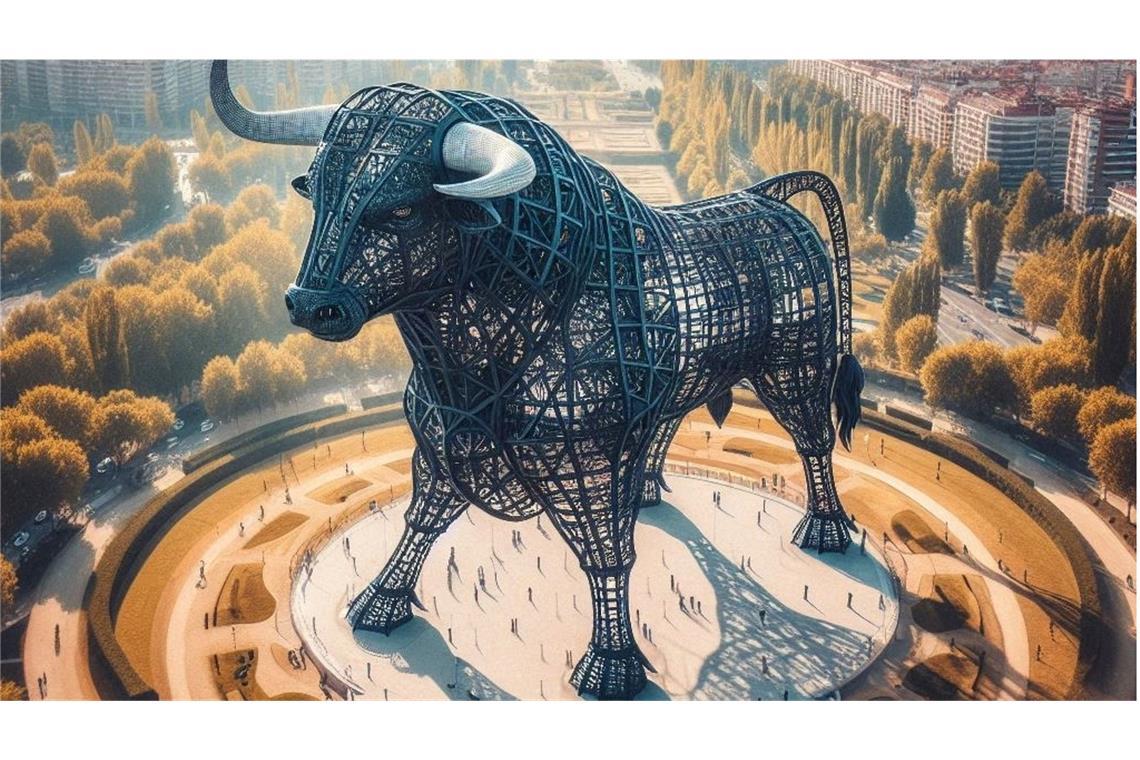 Die von der Academia de Tauromaquia (Spanische Akademie für Stierkampf) zur Verfügung gestellte undatierte Visualisierung zeigt eine geplante Stierskulptur aus Metall. Spanien plant ein Bauwerk von gigantischem Ausmaß: Eine 300 Meter hohe Stierskulptur aus Metall soll entstehen - genau so hoch wie der Eiffelturm in Paris.