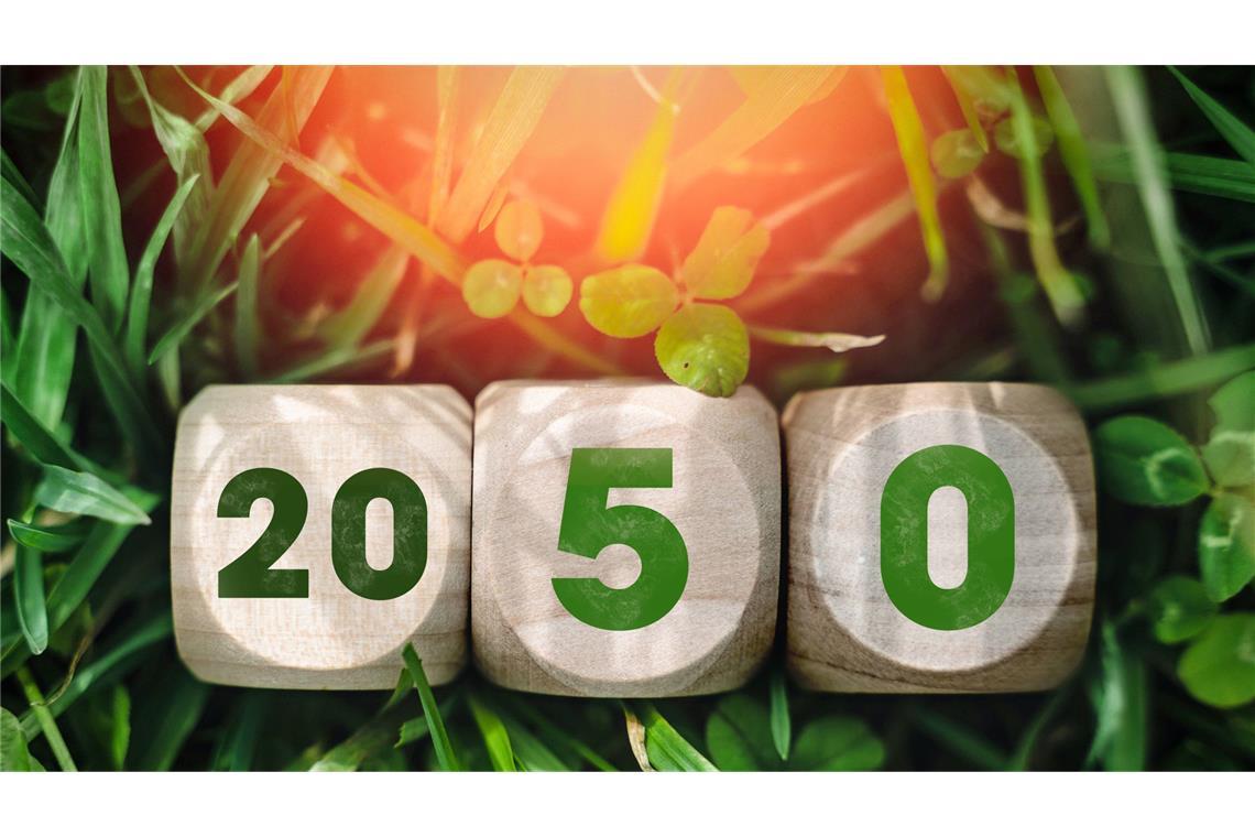 Die Zahl 2050 steht für das Klimaziel der EU, klimaneutral zu werden. Der European Green Deal gibt die Richtung vor, um Emissionen auf netto null zu senken und eine nachhaltige Wirtschaft zu erreichen.