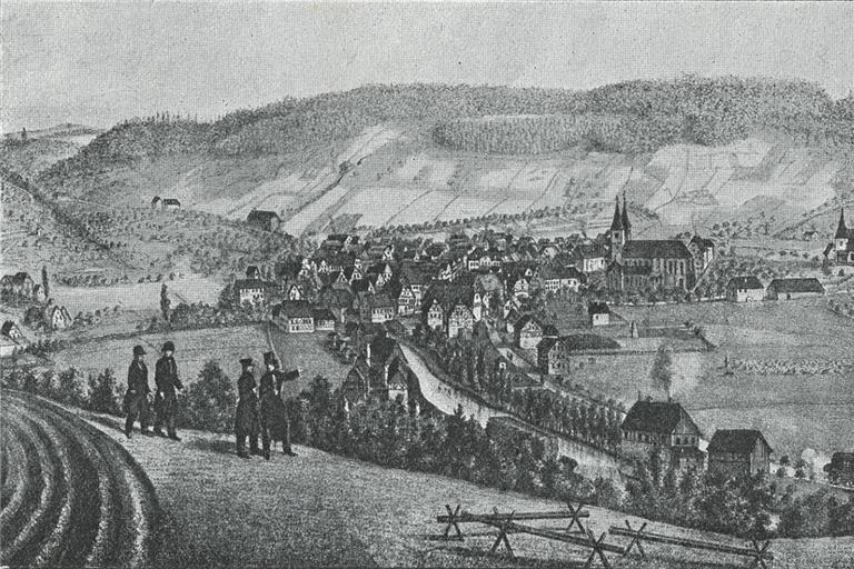 Vortrag zur Geschichte Murrhardts: Der Stadtkern bekommt Baulinien und Gassen Diese Ansicht zeigt Murrhardt im 19. Jahrhundert. Fotos: Stadtarchiv