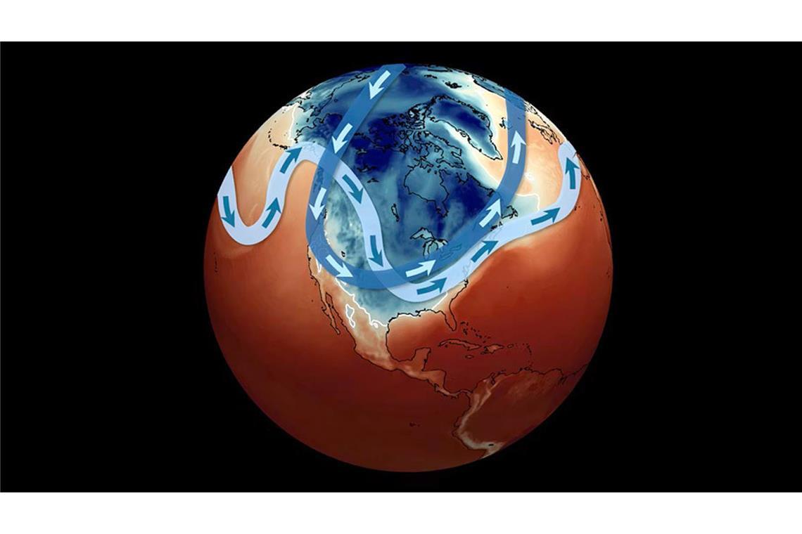 Diese Grafik zeigt den Grund für den Wintersturm und Kälteeinbruch in den USA: Der Polarwirbel (blau) und der Jetstream (hellblau) sind weit nach Süden hin ausgebeult. Die weiße Linie zeigt die Frostgrenze am 26. Januar 2026.