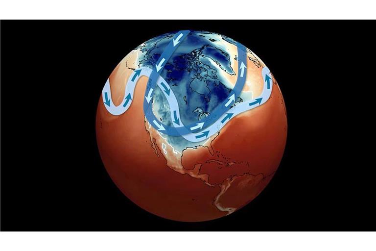 Diese Grafik zeigt den Grund für den Wintersturm und Kälteeinbruch in den USA: Der Polarwirbel (blau) und der Jetstream (hellblau) sind weit nach Süden hin ausgebeult. Die weiße Linie zeigt die Frostgrenze am 26. Januar 2026.