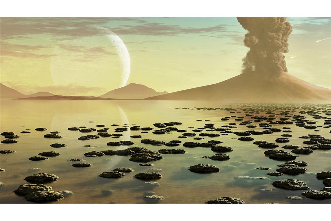 Wann und wie entstand der Gen-Code des Lebens? Diese Illustration der Erde zu Beginn des Lebens zeigt einen Vulkan und einen Tümpel voll Wasser. Es ist möglich, dass sich die frühesten Lebensformen in solchen Umgebungen entwickelt haben (KI-generiert).