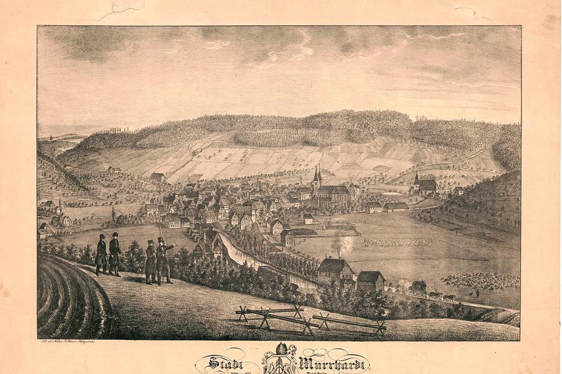 Diese Lithografie zeigt eine Stadtansicht von Murrhardt aus der ersten Hälfte des 19. Jahrhunderts. Repro: Württembergische Landesbibliothek Stuttgart