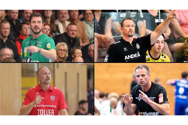Diese vier Handballtrainer wollen mit ihren Teams ins DHB-Pokal-Achtefinale einziehen (im Uhrzeigersinn von rechts oben): Misha Kaufmann (TVB Stuttgart), Matti Flohr&nbsp; (HBW Balingen-Weilstetten), Hartmut Mayerhoffer (SG BBM Bietigheim) und Ben Matschke (Frisch Auf Göppingen).