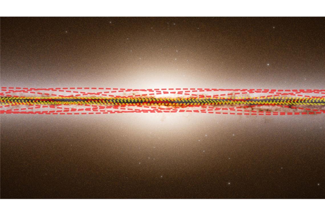 Diese vom Ōtautahi-Oxford Team zur Verfügung gestellte Illustration zeigt eine Seitenansicht der Milchstraße und die geschätzten Umlaufbahnen unserer Sonne und des Kometen 3I/ATLAS. 3I/ATLAS ist mit roten gestrichelten Linien, die Sonne mit gelben gepunkteten Linien dargestellt.