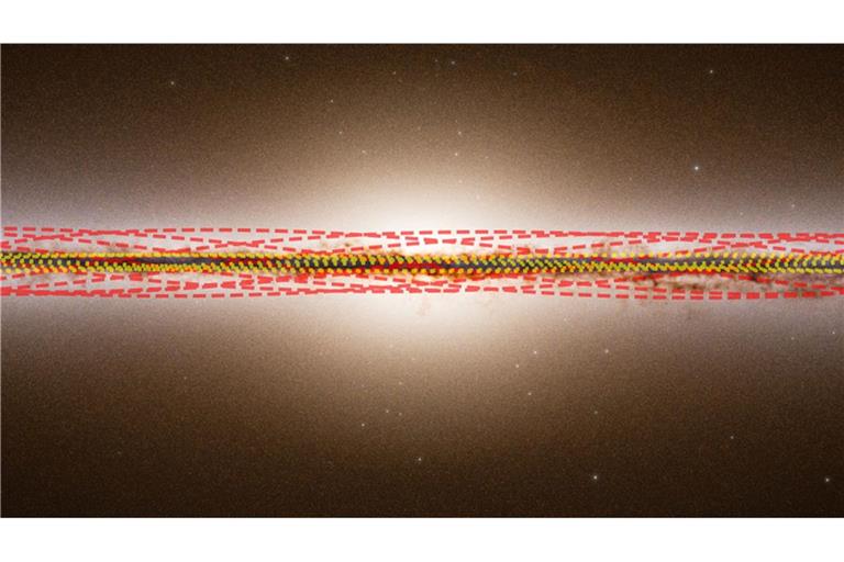 Diese vom Ōtautahi-Oxford Team zur Verfügung gestellte Illustration zeigt eine Seitenansicht der Milchstraße und die geschätzten Umlaufbahnen unserer Sonne und des Kometen 3I/ATLAS. 3I/ATLAS ist mit roten gestrichelten Linien, die Sonne mit gelben gepunkteten Linien dargestellt.