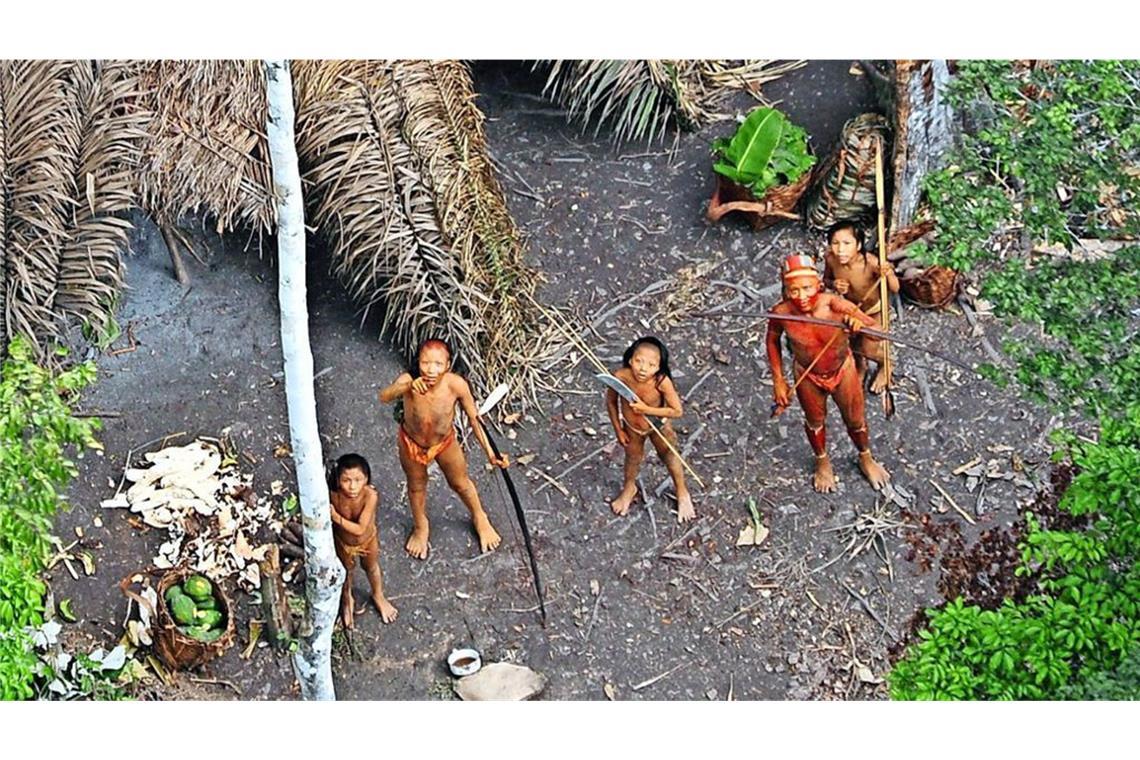 Dieses Foto zeigt fünf Mitglieder einer unkontaktierten indigenen Gruppe, die im Jahr 2008 im brasilianischen Amazonas-Gebiet von einem Flugzeug aufgenommen wurde.