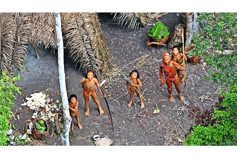 Dieses Foto zeigt fünf Mitglieder einer unkontaktierten indigenen Gruppe, die im Jahr 2008 im brasilianischen Amazonas-Gebiet von einem Flugzeug aufgenommen wurde.