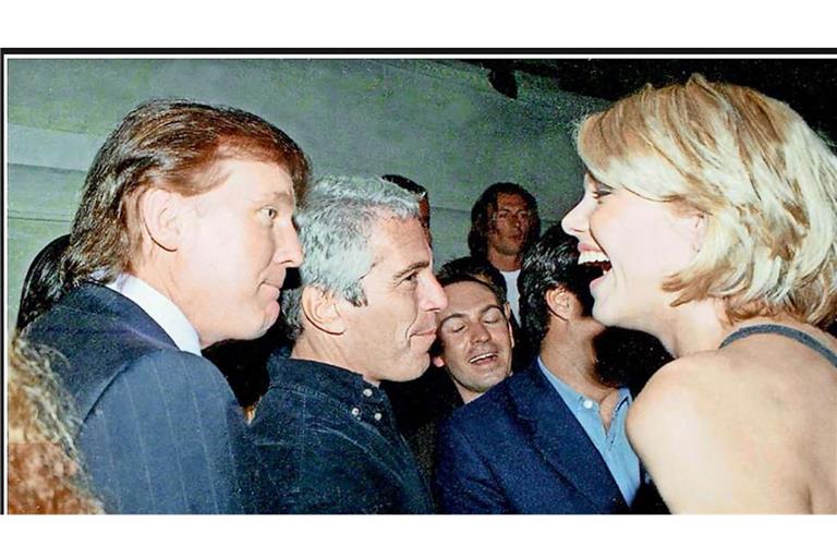 Dieses undatierte Foto aus der persönlichen Sammlung von Jeffrey Epstein wurde am 12. Dezember 2025 von den Demokraten im Aufsichtsausschuss des US-Repräsentantenhauses zur Verfügung gestellt. Es zeigt den US-Präsidenten Donald Trump (links) im Gespräch mit einer unbekannten Frau, flankiert von Epstein (Mitte).