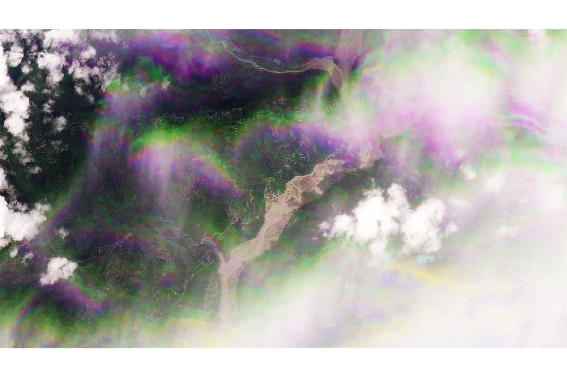Dieses von Planet Labs PBC zur Verfügung gestellte Satellitenbild zeigt den Trishuli-Fluss, der von den Sturzfluten in und um Nepal betroffen ist. 