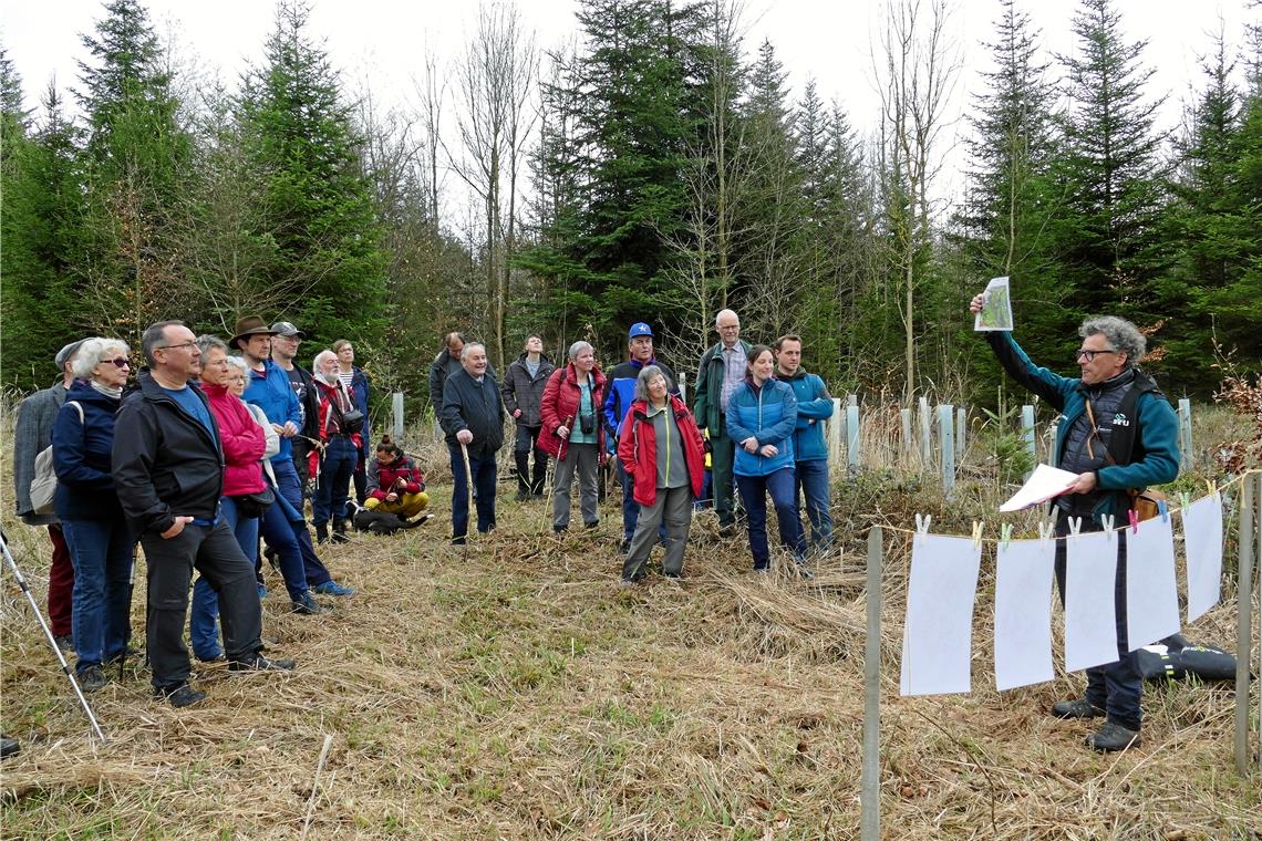 Den Mischwäldern gehört die Zukunft Dieter Seitz (rechts) hält an den Stationen der gut vorbereiteten Exkursion auch viele Hintergrundinformationen bereit. Foto: Ute Gruber