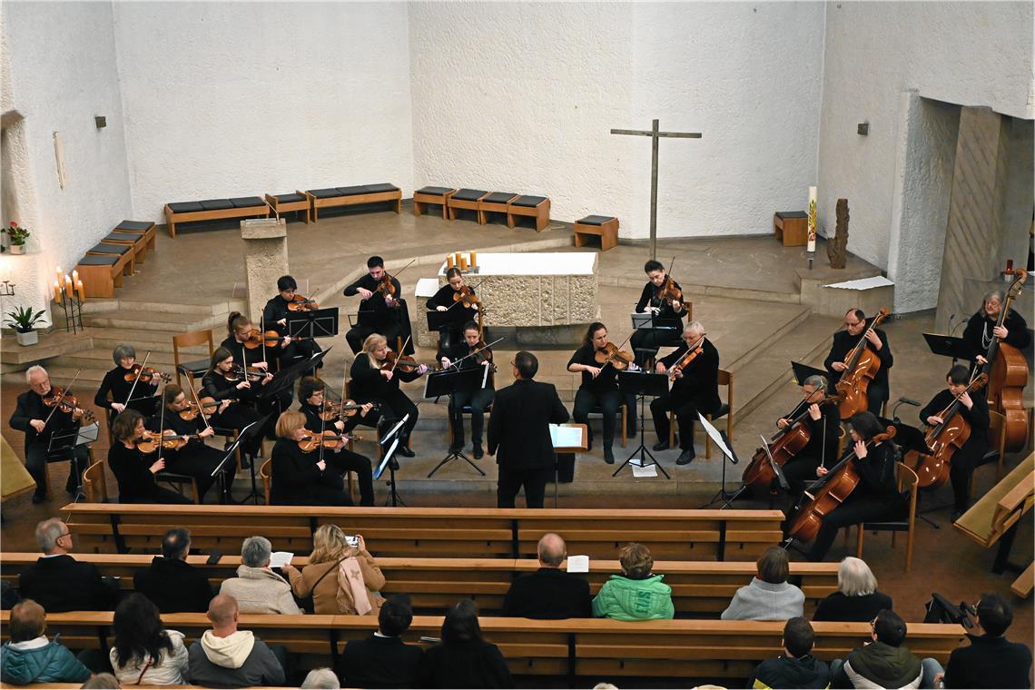 Der Kontrabass übernimmt die Melodiestimme Dirigent Matthias Baur hat mit dem Murrhardter Kammerorchester Stücke einstudiert, die selten zu hören sind. Foto: Elisabeth Klaper