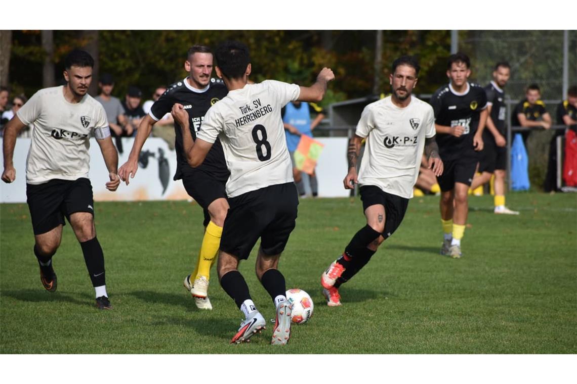 Dominik Stojcevic (2. v .li) traf für die SpVgg Aidlingen einmal aus dem Spiel heraus und einmal vom Elfmeterpunkt.