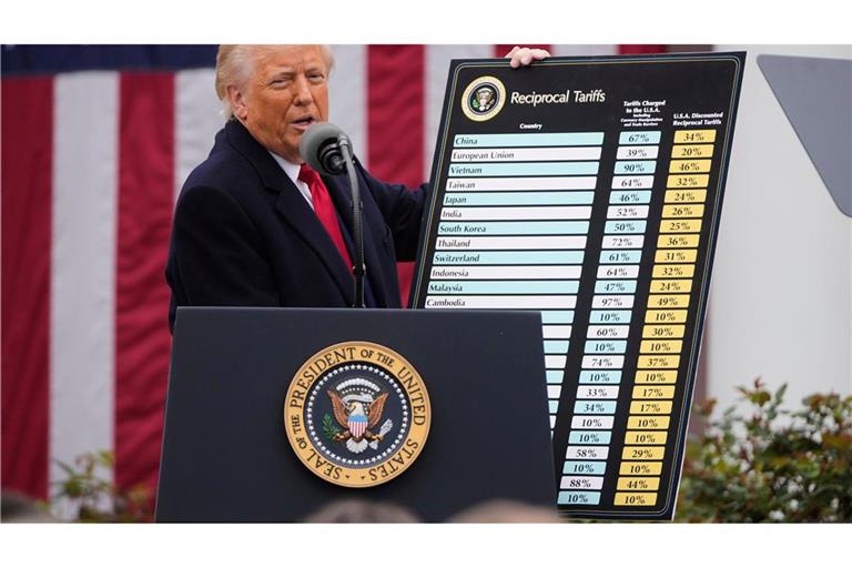 Donald Trump bei der Verkündung seiner Zölle - inzwischen hat sich die Höhe geändert, den meisten Regionen in Deutschland tun sie trotzdem weh. (Archivbild)