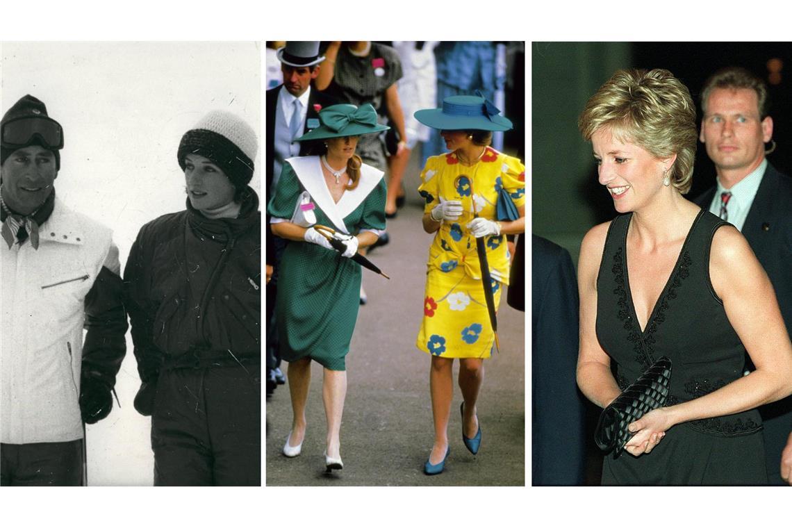 Sie trug die Looks in Ascot oder Lech, jetzt werden sie versteigert Drei legendäre Looks (von links): Prinz Charles und Prinzessin Diana 1985 in Liechtenstein, mit Herzogin Sarah in Ascot und 1995 bei einer Abendveranstaltung.