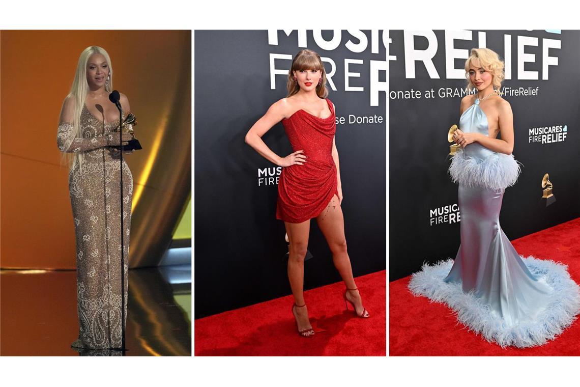 Die schönsten (und schlimmsten) Grammy-Looks Drei spektakuläre Grammy-Looks (von links): Beyoncé, Taylor Swift und Sabrina Carpenter.
