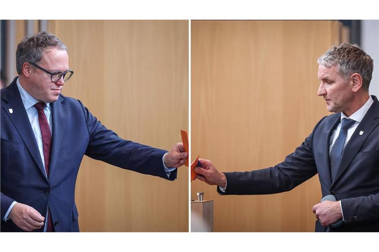 Ein Angriff von AfD-Fraktionschef Höcke gegen CDU-Ministerpräsident Voigt scheitert. (Archivbilder)